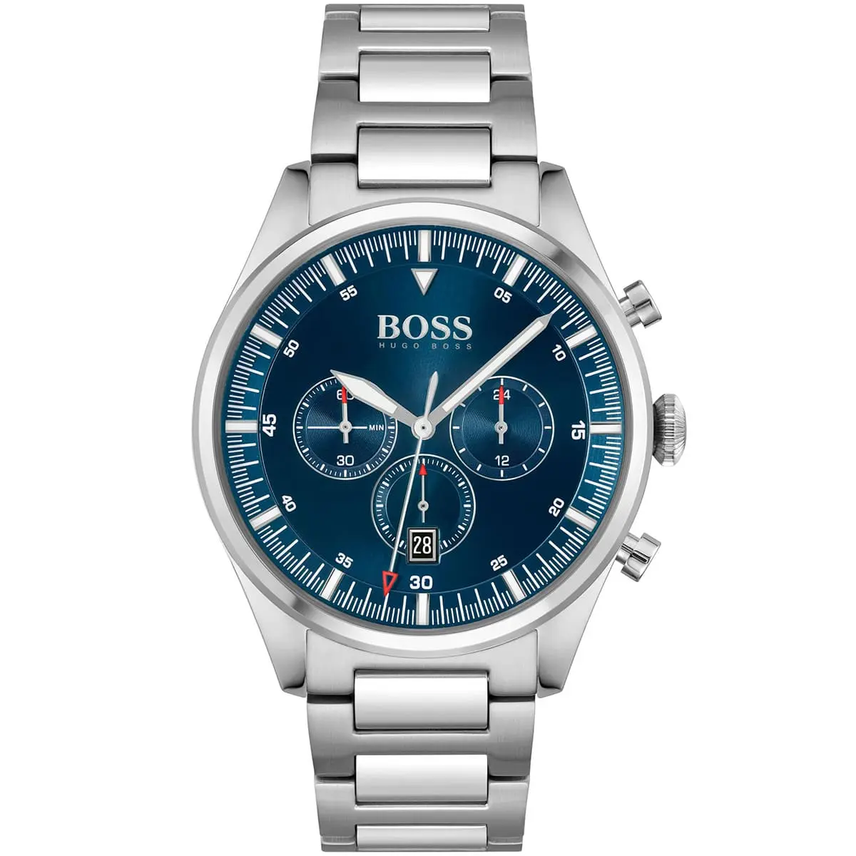 1513867 hugo boss watch men blue dial metal stainless steel silver strap quartz battery analog chronograph pioneer