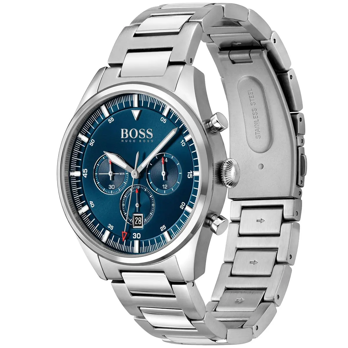 1513867 hugo boss watch men blue dial metal stainless steel silver strap quartz battery analog chronograph pioneer 2