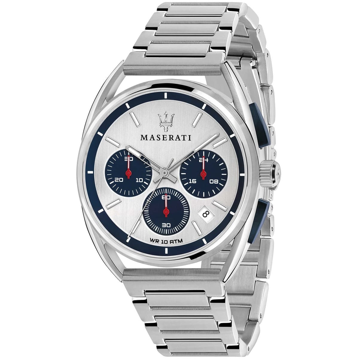 R8873632001 maserati watch quartz chronograph mens white blue dial silver stainless steel metal trimarano 1