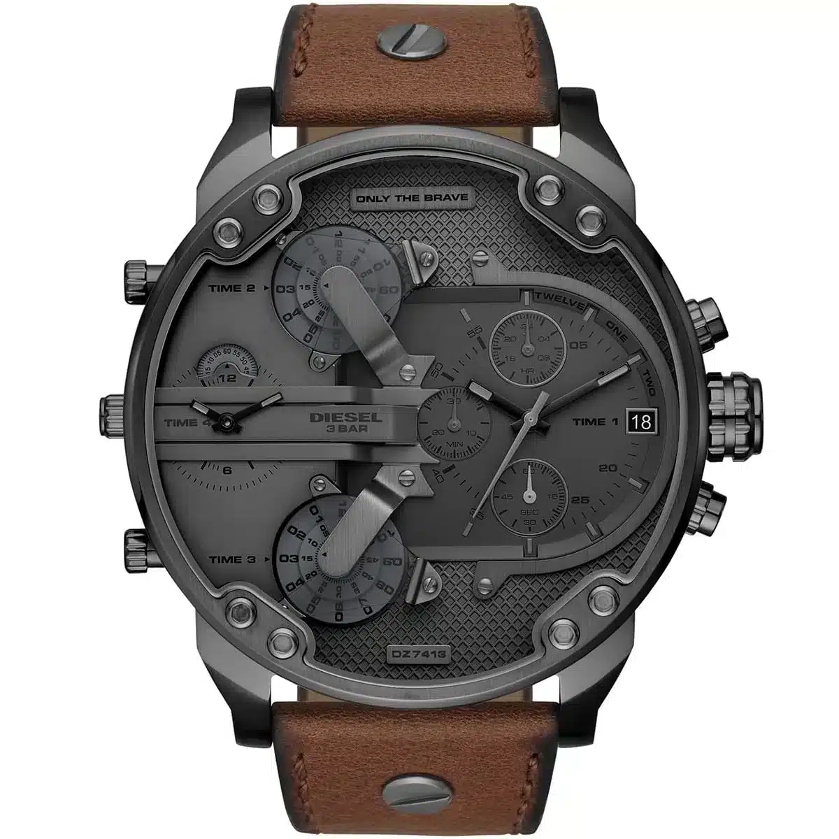 dz7413 diesel watch men gray dial leather brown strap quartz battery analog chronograph 3 bar only the brave mr daddy 1