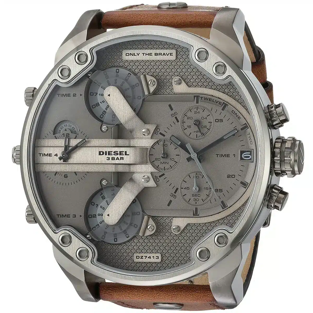 dz7413 diesel watch men gray dial leather brown strap quartz battery analog chronograph 3 bar only the brave mr daddy 2 1