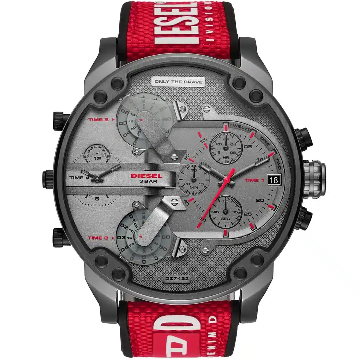 dz7423 diesel watch men gray dial multi nylon rubber red strap quartz battery analog chronograph 3 bar only the brave mr daddy 1