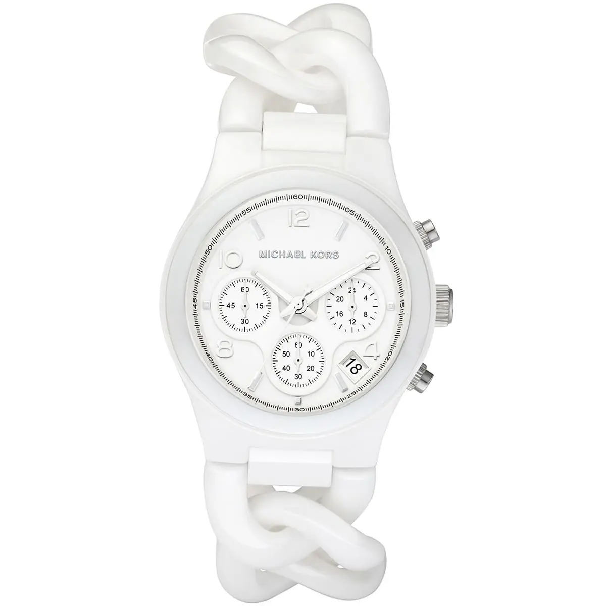 mk5387 michael kors chronograph watch women white dial ceramic strap quartz battery analog runway twist 1