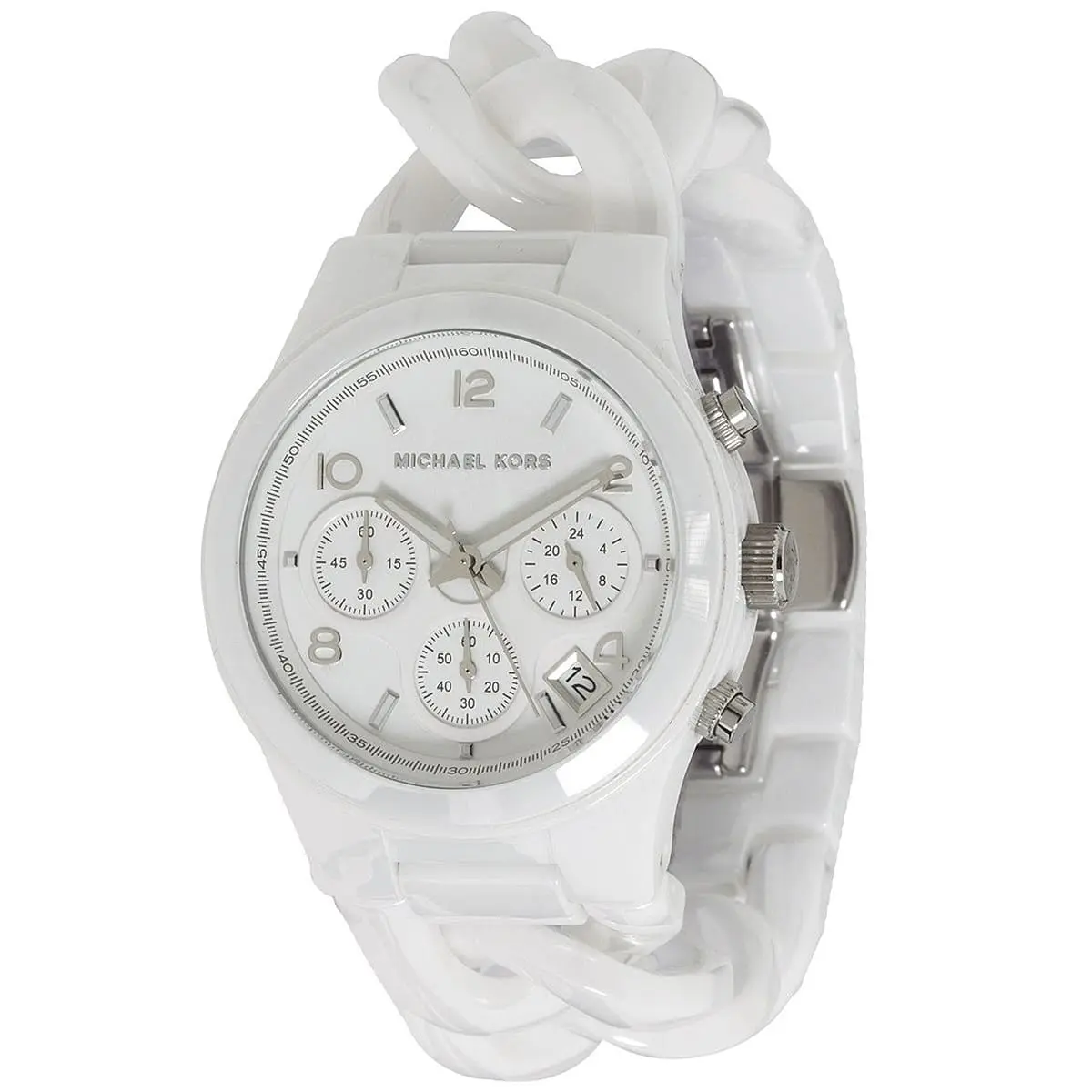 mk5387 michael kors chronograph watch women white dial ceramic strap quartz battery analog runway twist 2 1