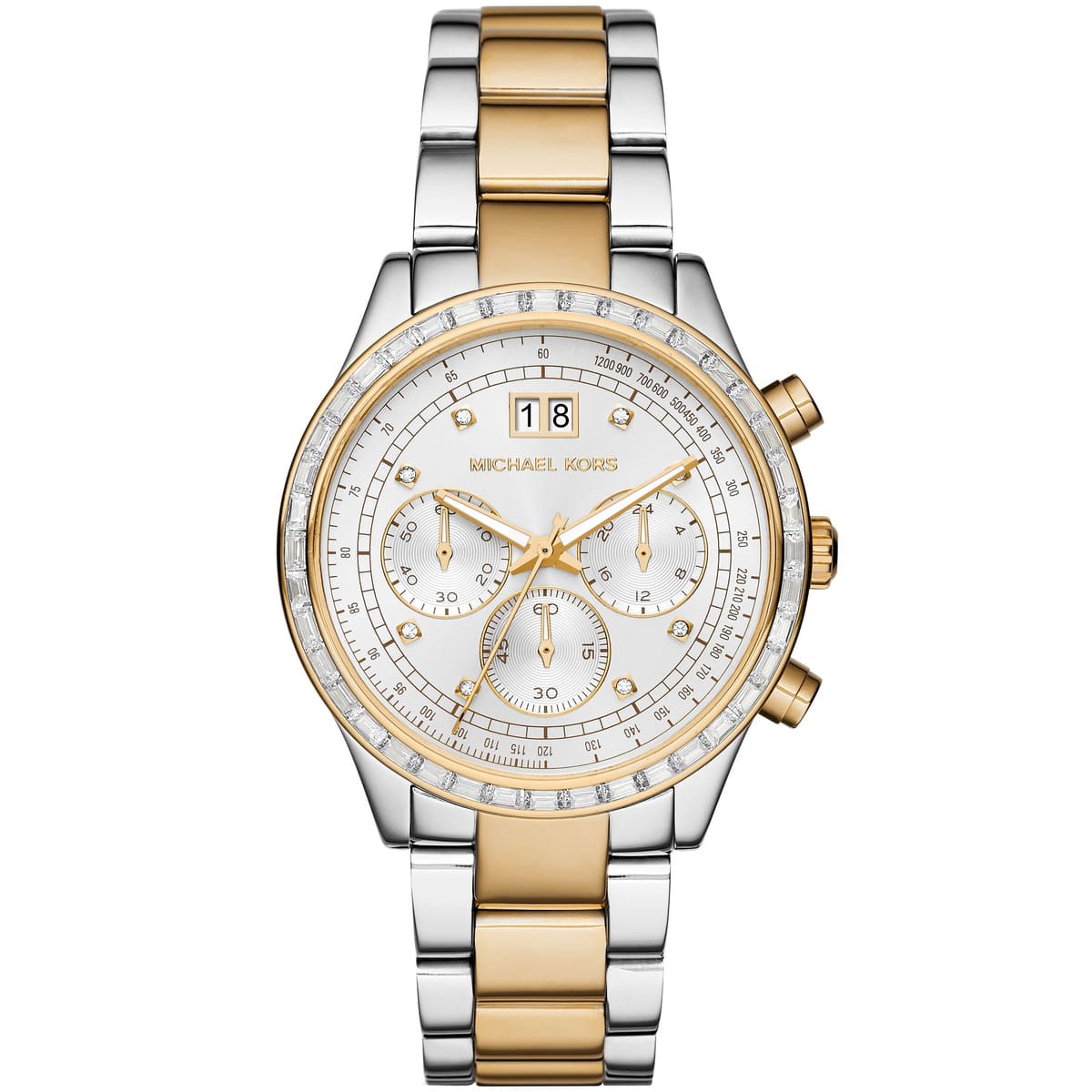 mk6188 michael kors watch women silver dial stainless steel metal gold two tone strap quartz analog chronograph brinkley 1