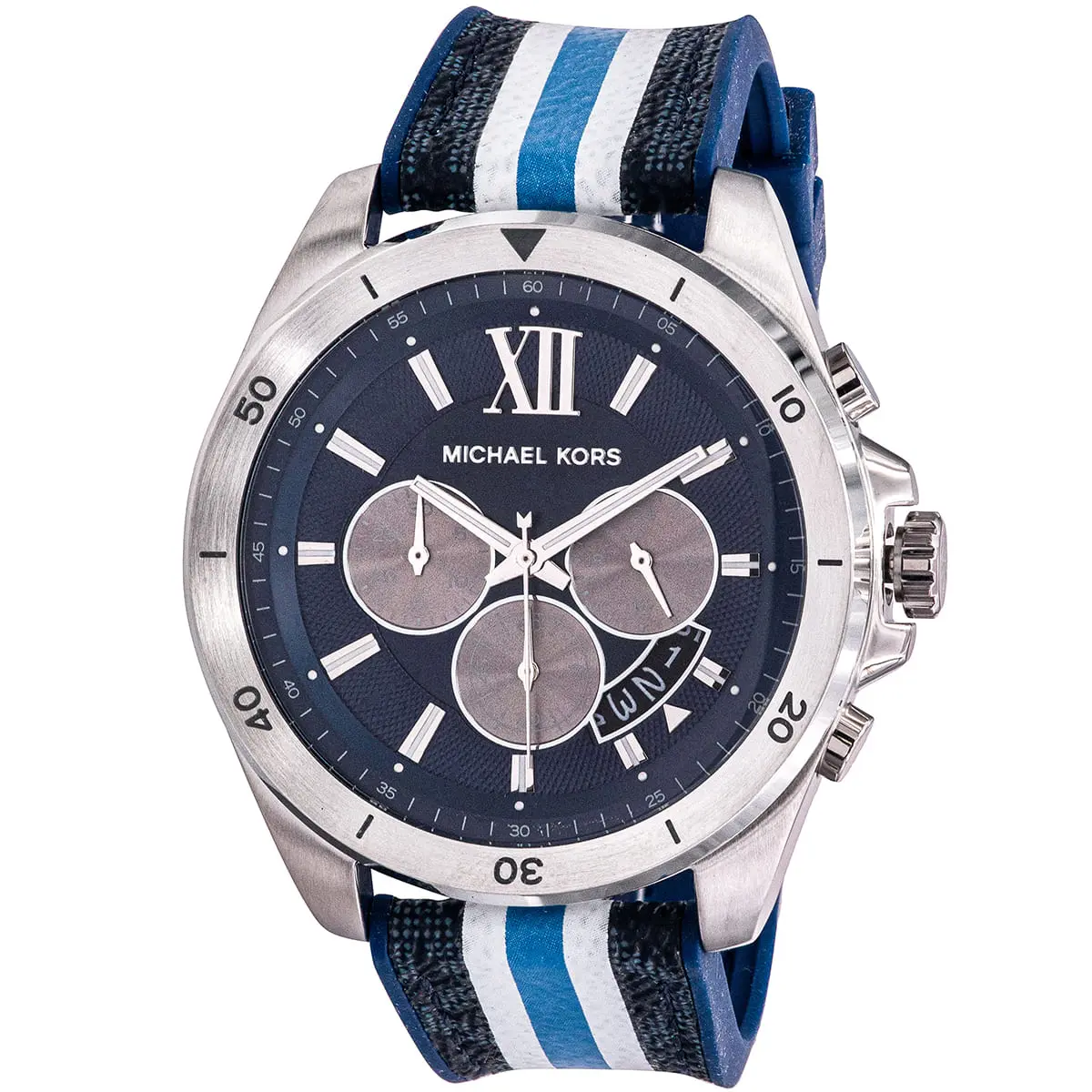 mk8950 michael kors chronograph watch men blue dial rubber strap quartz battery analog brecken 2