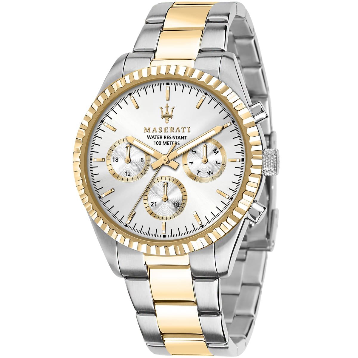 r8853100021 maserati watch men silver dial metal stainless steel gold two tone strap quartz battery analog day date month water resistant 100 meters competizione 1