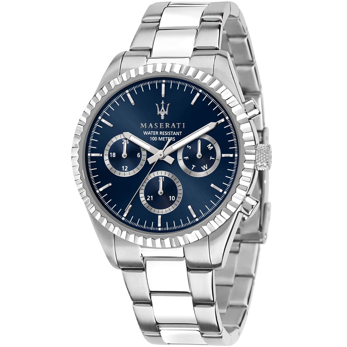 r8853100022 maserati watch men blue dial metal stainless steel silver strap quartz battery analog day date month water resistant 100 meters competizione 1