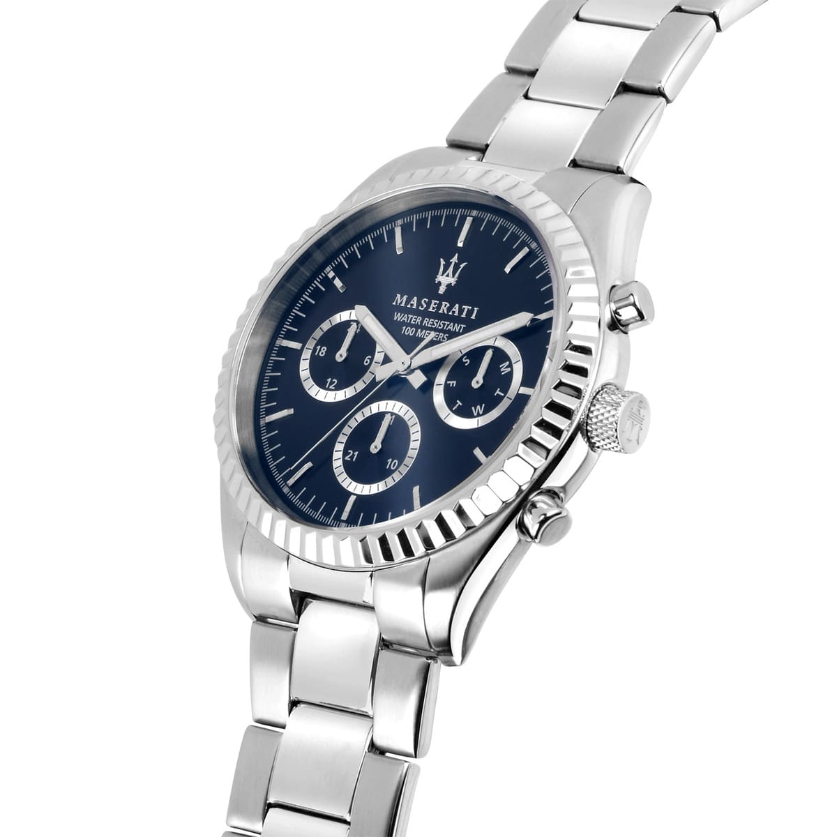 r8853100022 maserati watch men blue dial metal stainless steel silver strap quartz battery analog day date month water resistant 100 meters competizione 2 1