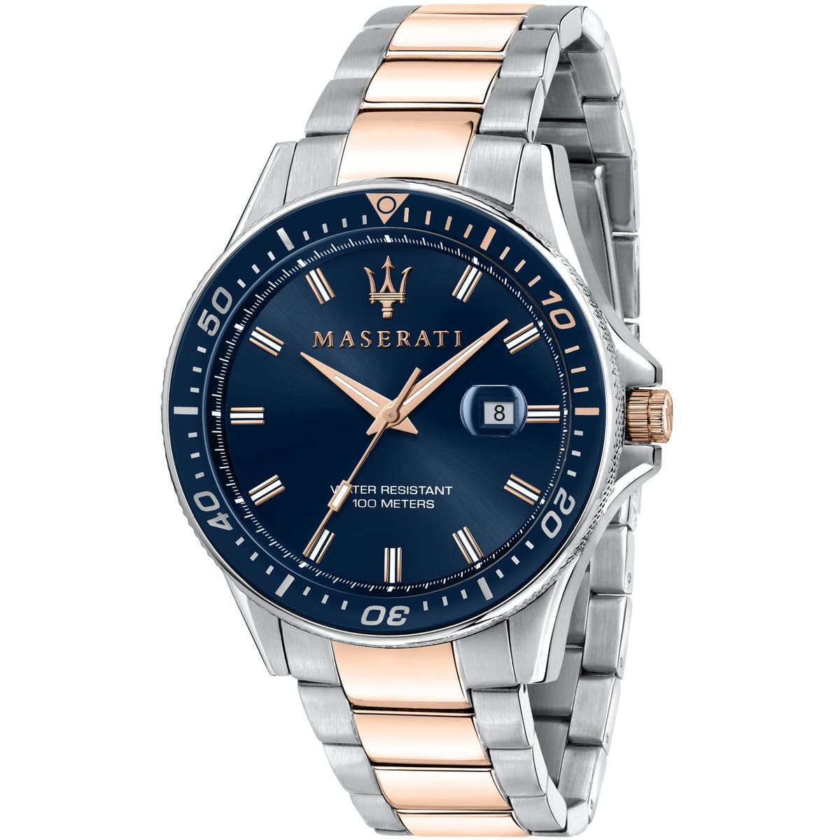 r8853140003 maserati watch men blue dial metal stainless steel silver rose gold two tone strap quartz battery analog three hand water resistant 100 meters sfida 1