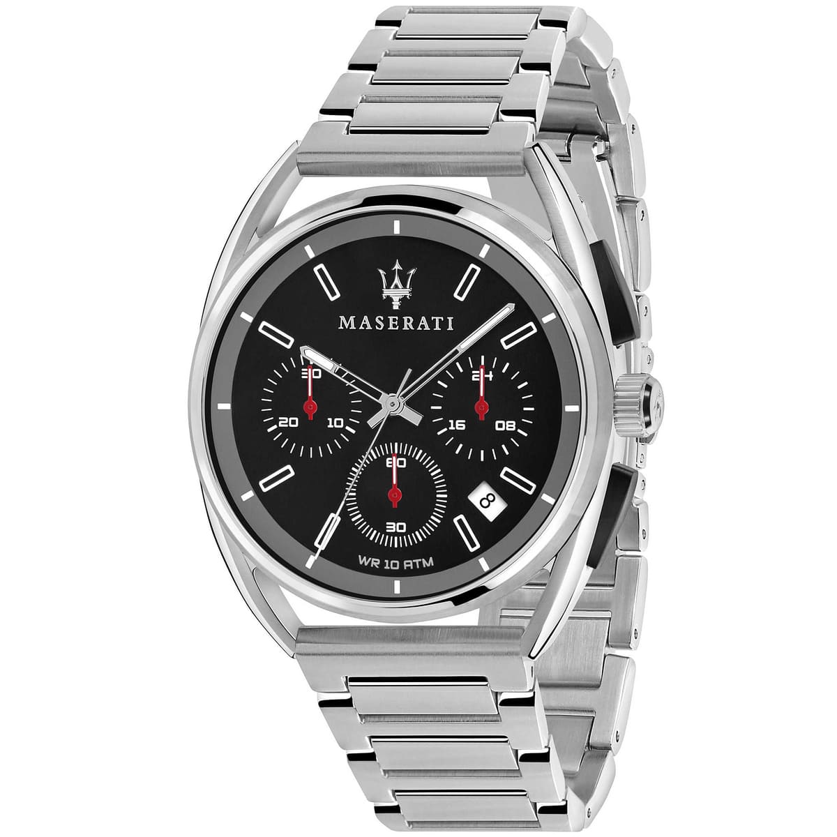 r8873632003 maserati watch men black dial metal stainless steel silver strap quartz battery analog chronograph wr 10 atm trimarano 1