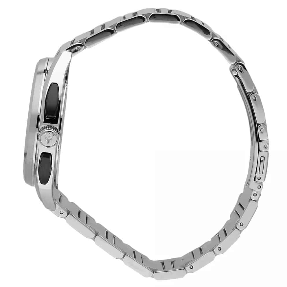 r8873632003 maserati watch men black dial metal stainless steel silver strap quartz battery analog chronograph wr 10 atm trimarano 2 1