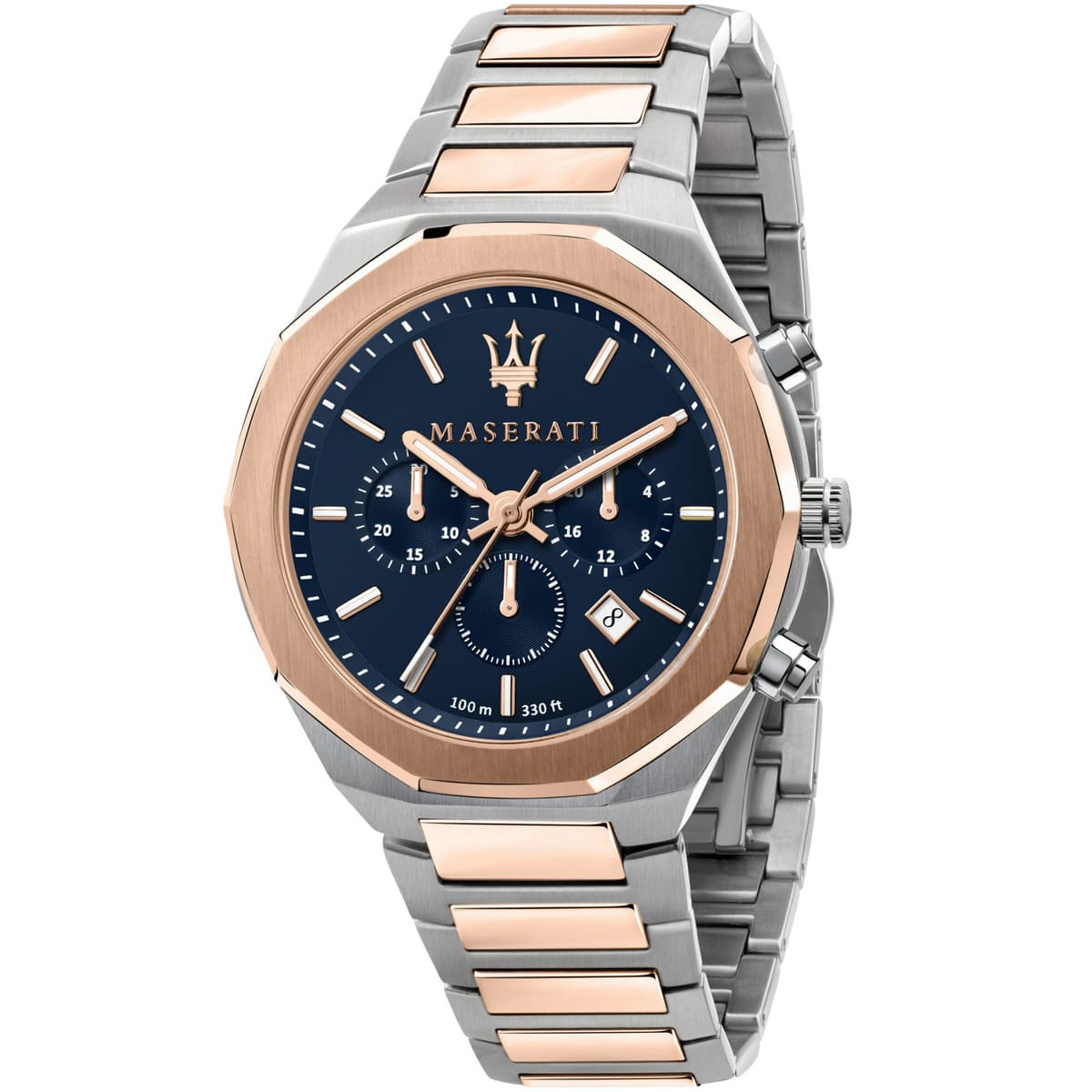 r8873642002 maserati watch men blue dial metal stainless steel silver rose gold two tone strap quartz battery analog chronograph 100m 330ft stile 1