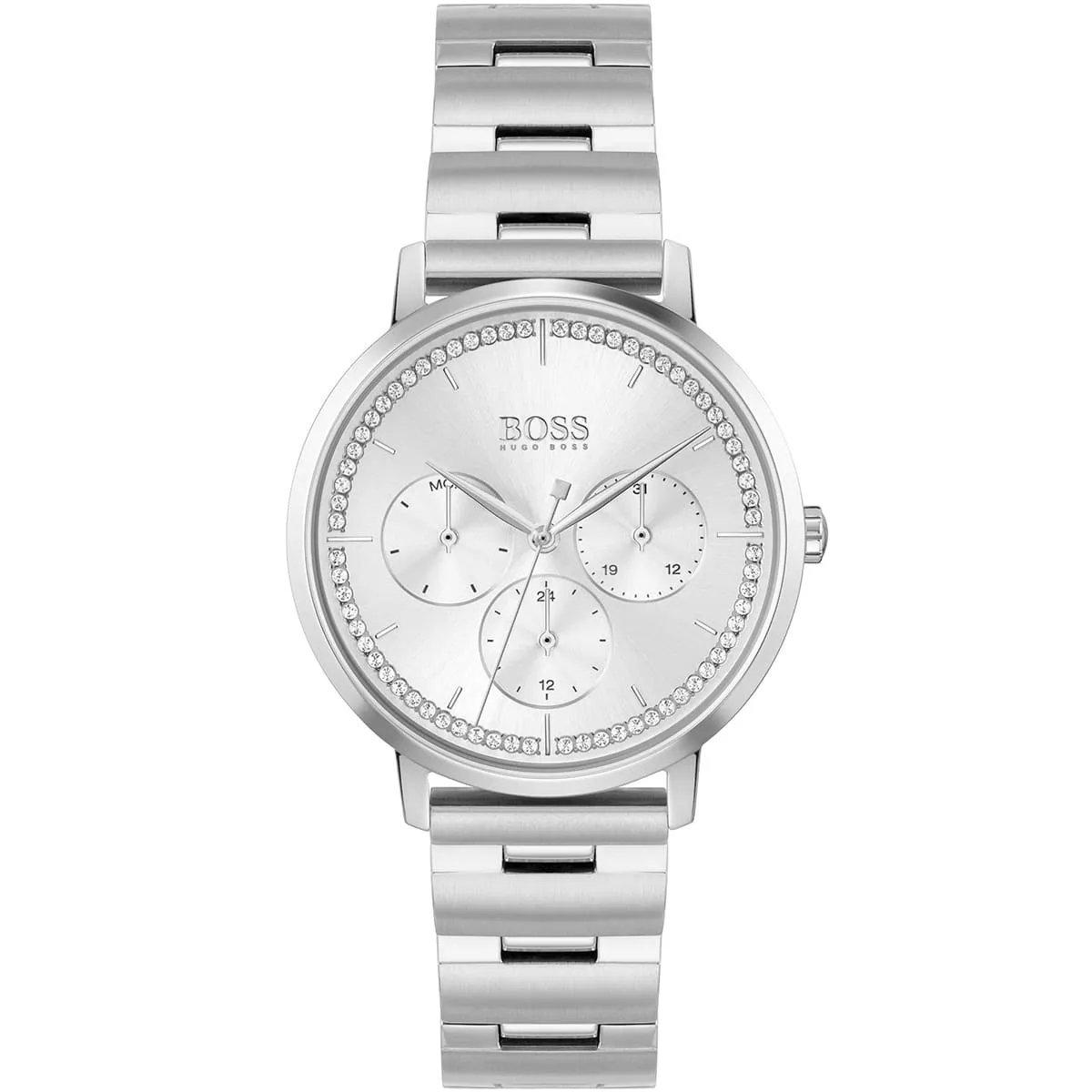 1502570 hugo boss watch women crystals silver dial metal stainless strap quartz battery analog three hand prima
