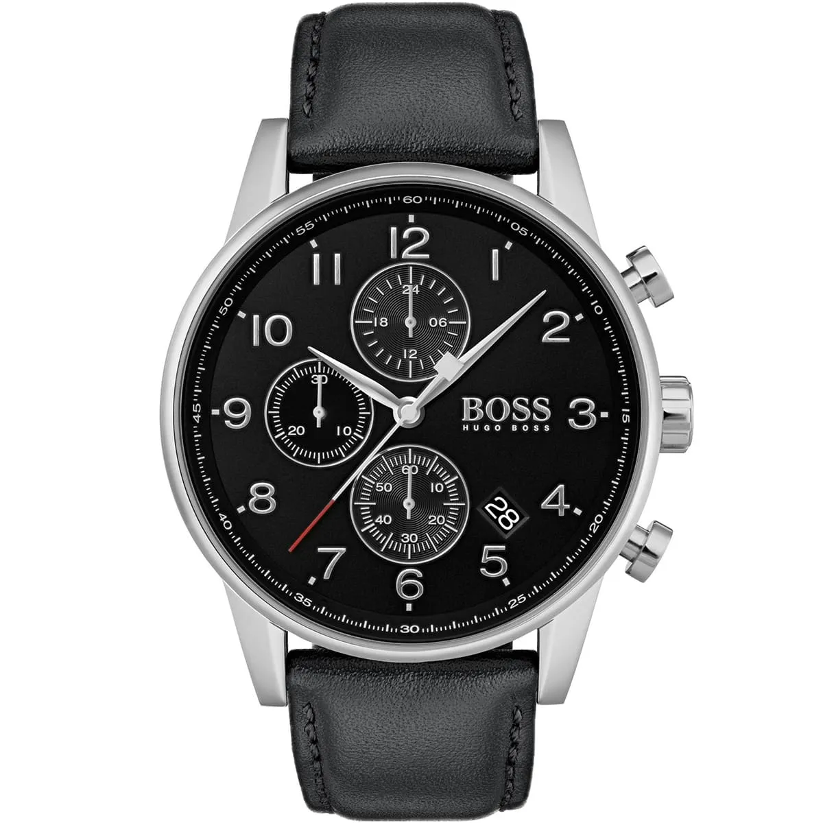 1513678 hugo boss watch men black dial leather strap quartz battery analog chronograph navigator