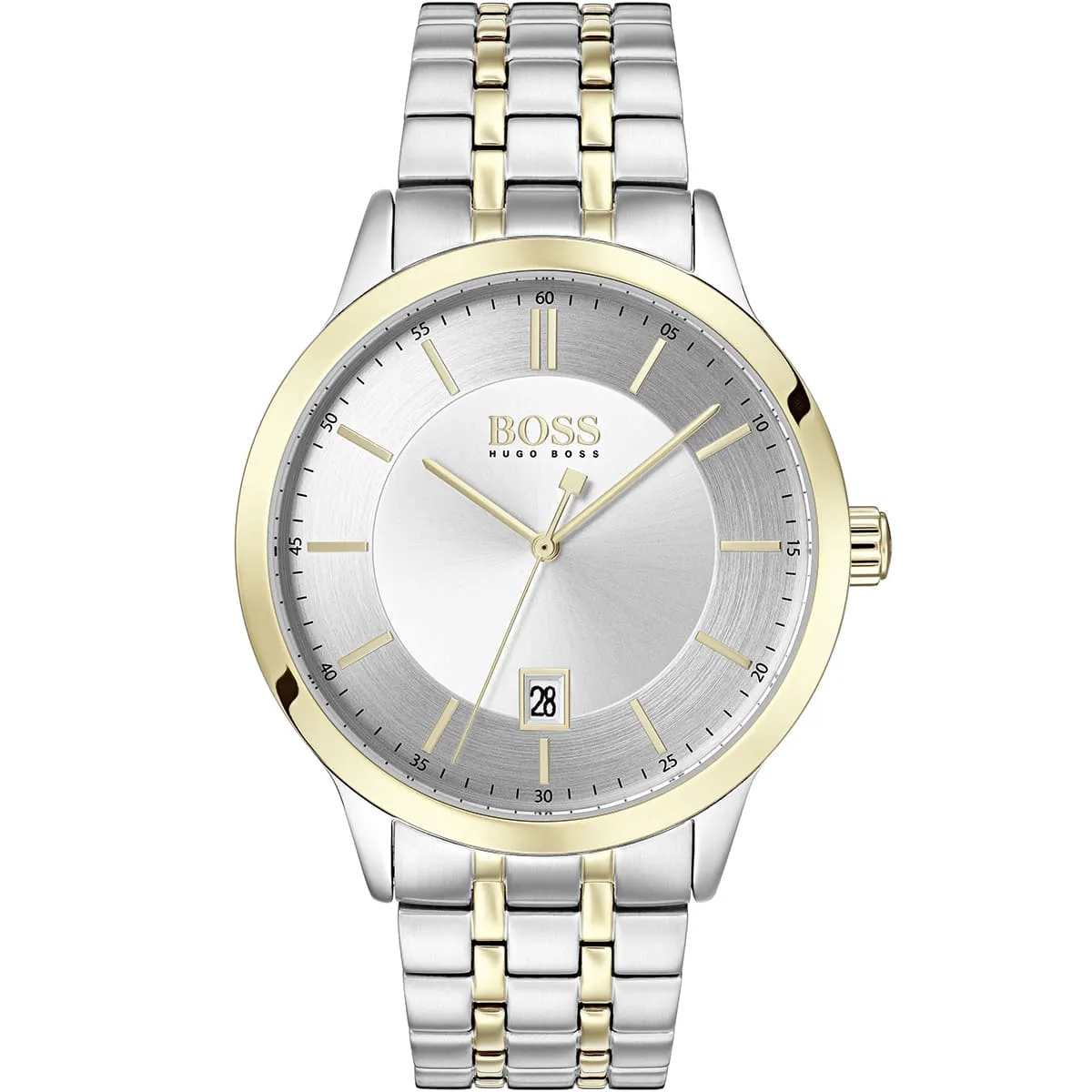 1513687 hugo boss watch men silver dial metal stainless gold strap quartz battery analog three hand officer