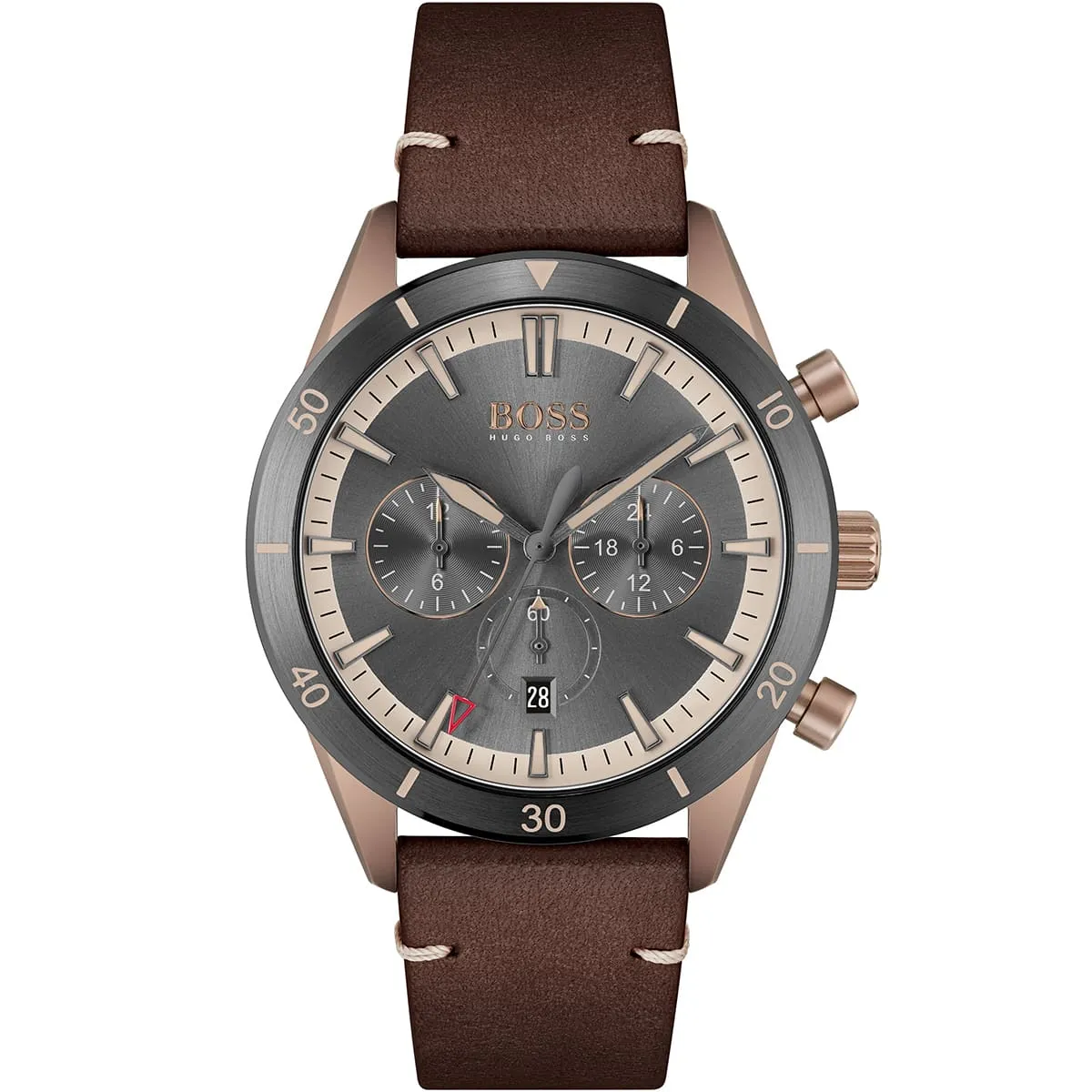 1513861 hugo boss watch men gray dial leather brown strap quartz battery analog chronograph santiago