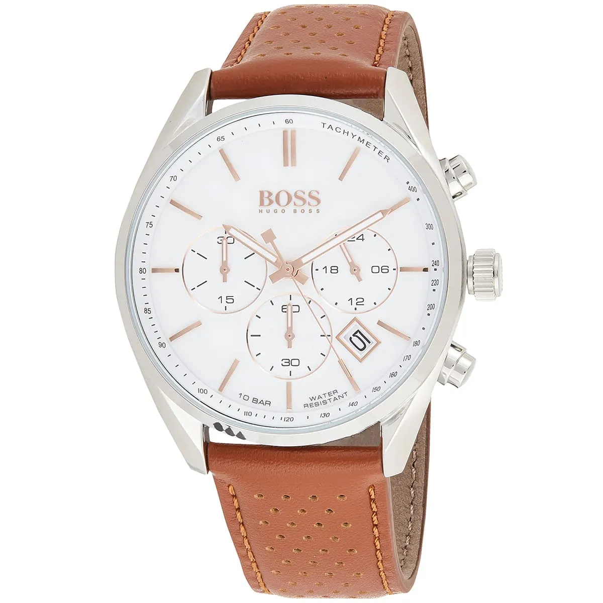 1513879 hugo boss watch 10bar water resistant men white dial leather brown strap quartz battery analog chronograph champion 2