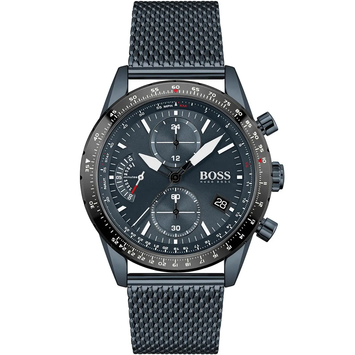 1513887 hugo boss watch men blue dial metal stainless mesh strap quartz battery analog chronograph pilot edition