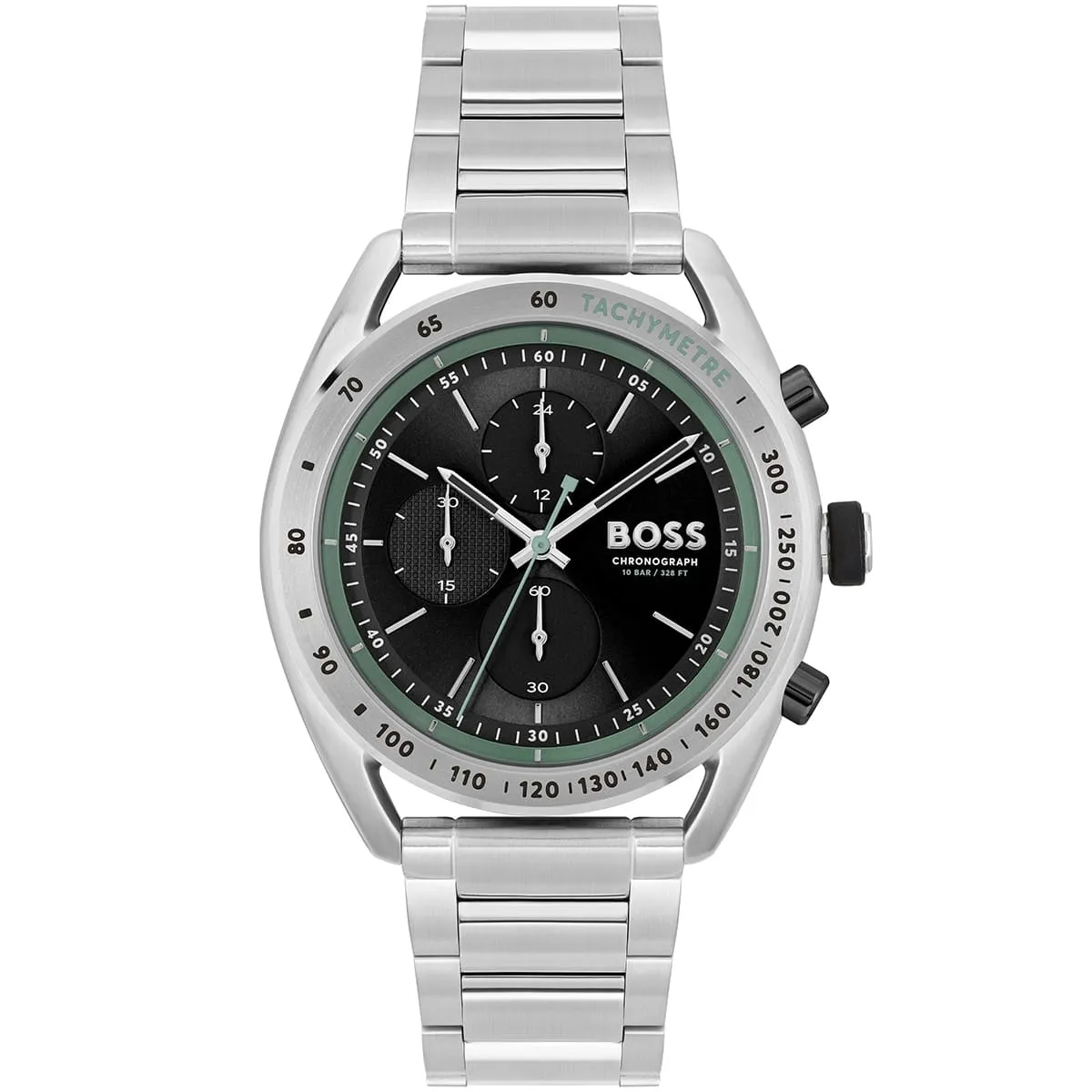 1514023 hugo boss watch chronograph 10bar 330ft men black dial metal stainless silver strap quartz battery analog centre court