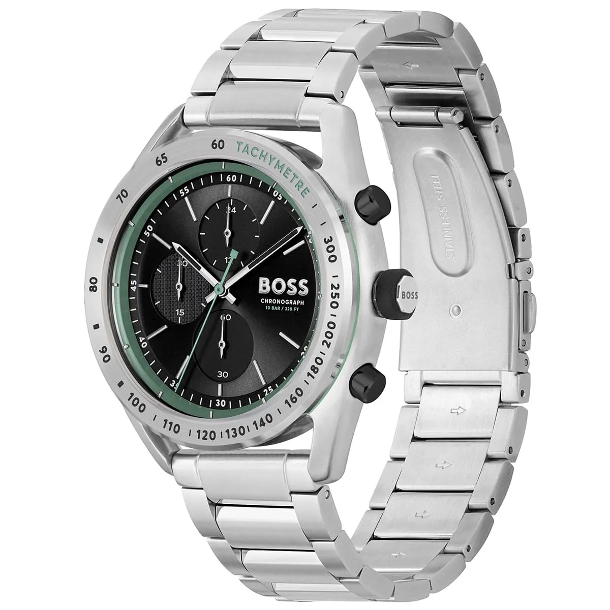 1514023 hugo boss watch chronograph 10bar 330ft men black dial metal stainless silver strap quartz battery analog centre court 2