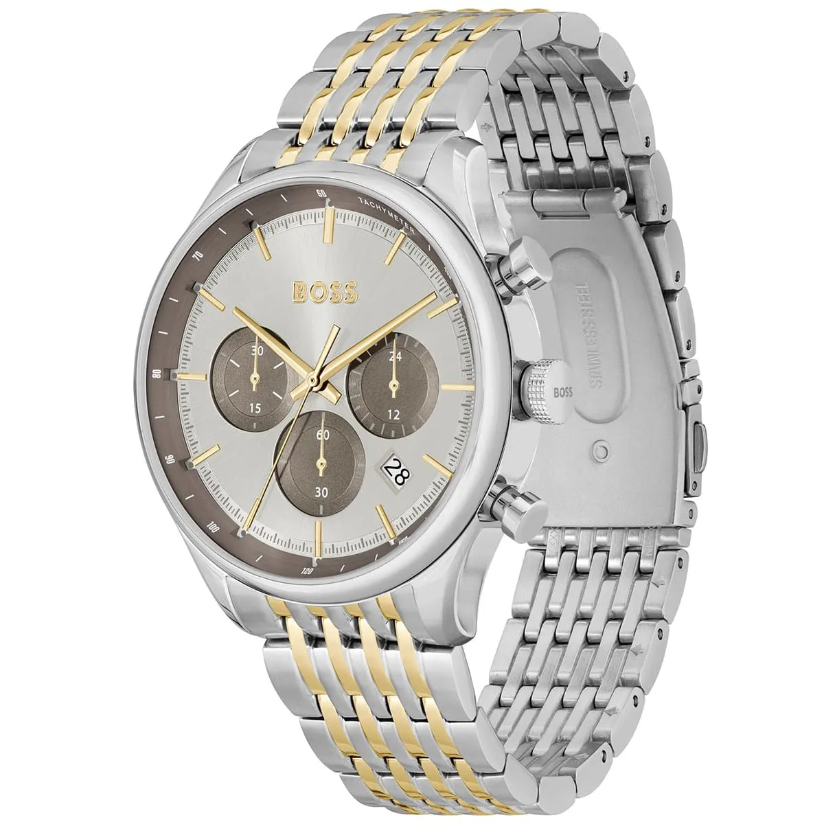1514053 hugo boss watch men silver dial metal stainless gold strap quartz battery analog chronograph gregor 2