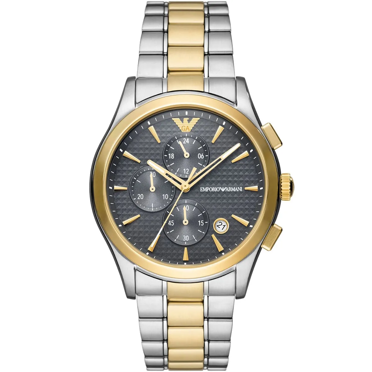 ar11527 emporio armani watch men gray dial stainless steel metal silver gold strap quartz battery analog chronograph
