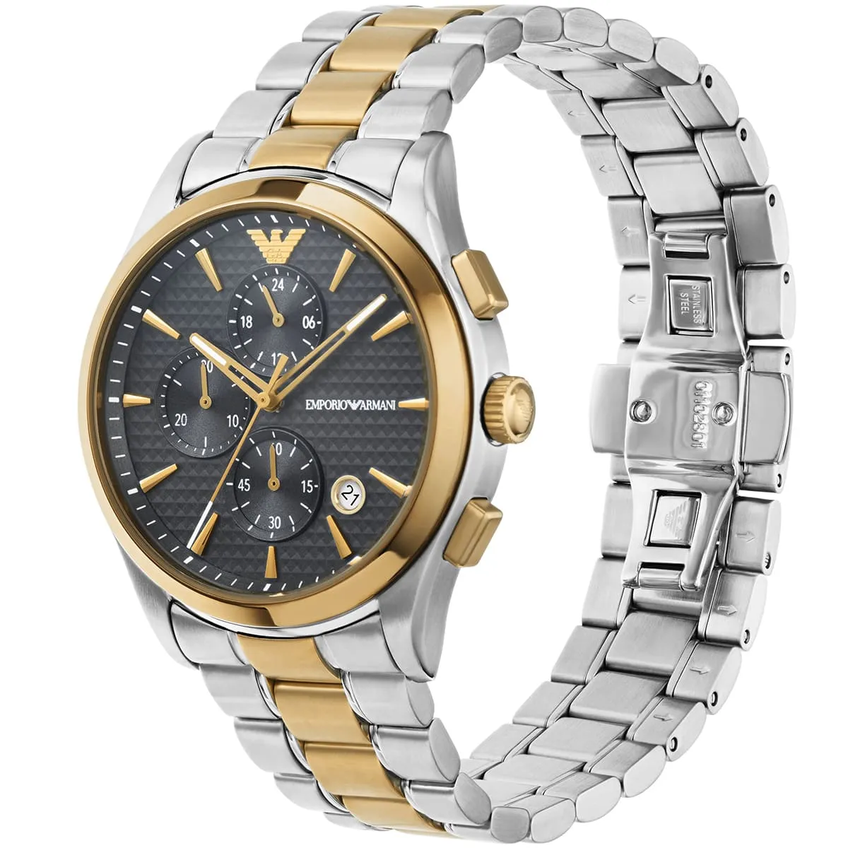 ar11527 emporio armani watch men gray dial stainless steel metal silver gold strap quartz battery analog chronograph 2