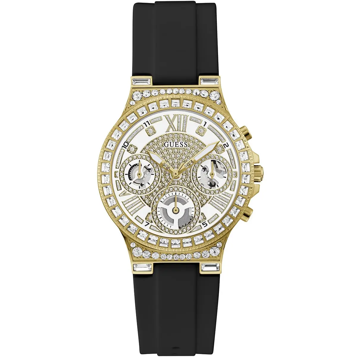 gw0257l1 guess watch women gold dial rubber black strap quartz battery analog crystals moonlight
