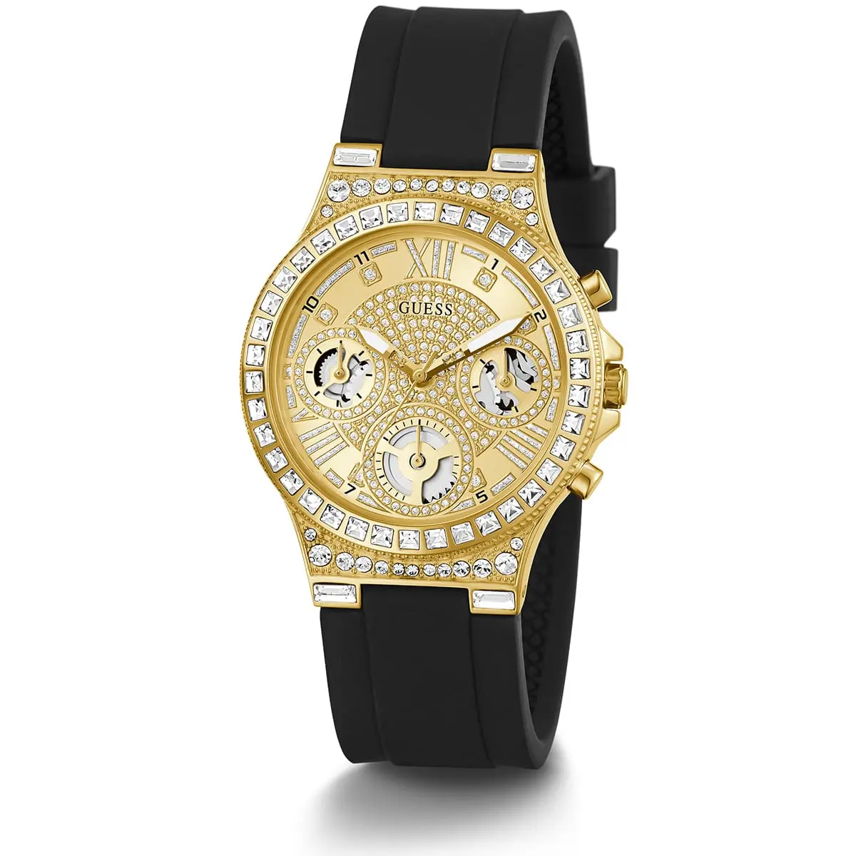 gw0257l1 guess watch women gold dial rubber black strap quartz battery analog crystals moonlight 7
