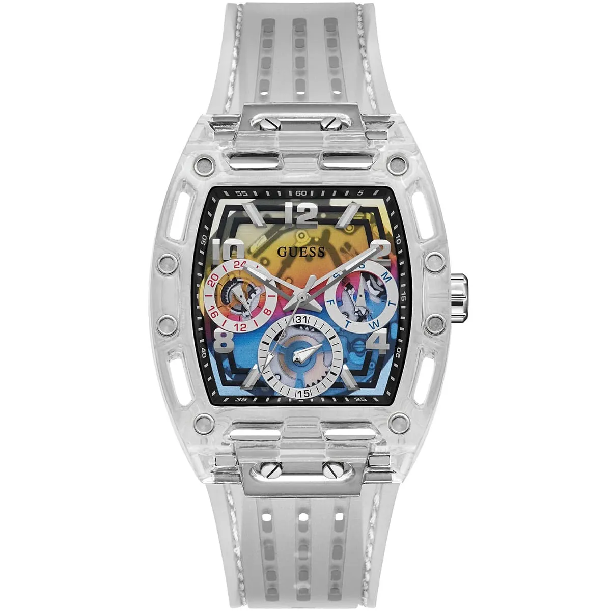 gw0499g3 guess watch men square multicolored dial rubber transparent strap quartz battery analog