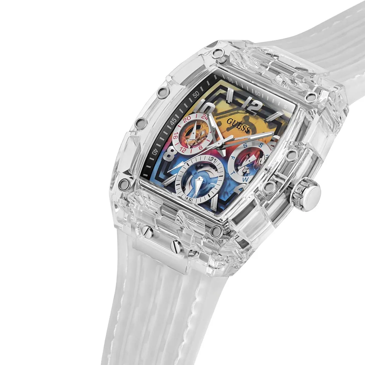 gw0499g3 guess watch men square multicolored dial rubber transparent strap quartz battery analog