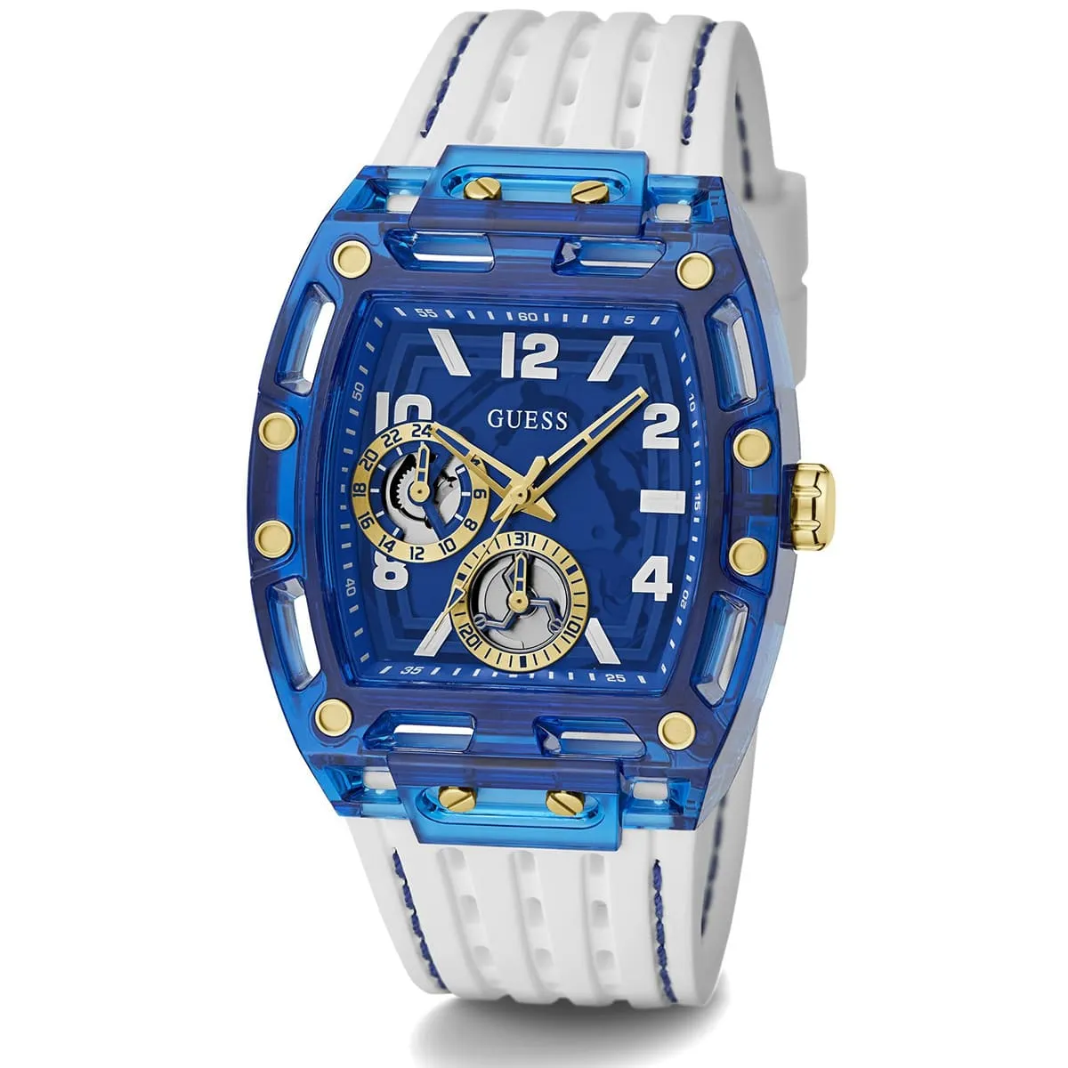 gw0499g6 guess watch men square blue dial rubber white strap quartz battery analog
