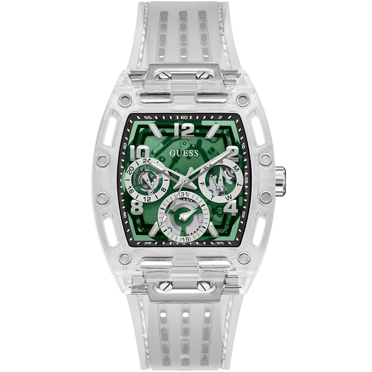 gw0499g8 guess watch men square green dial rubber transparent strap quartz battery analog phoenix 1