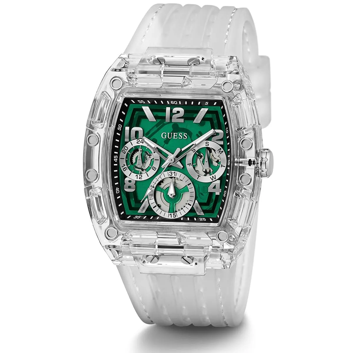 gw0499g8 guess watch men square green dial rubber transparent strap quartz battery analog