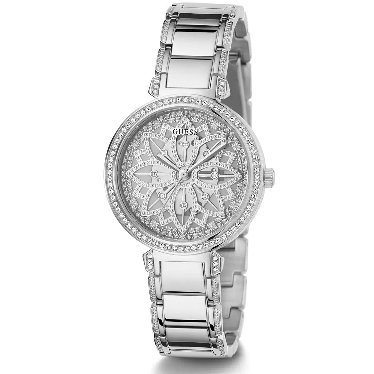gw0528l1 guess watch women silver dial metal stainless steel strap quartz battery analog crystals lily 3