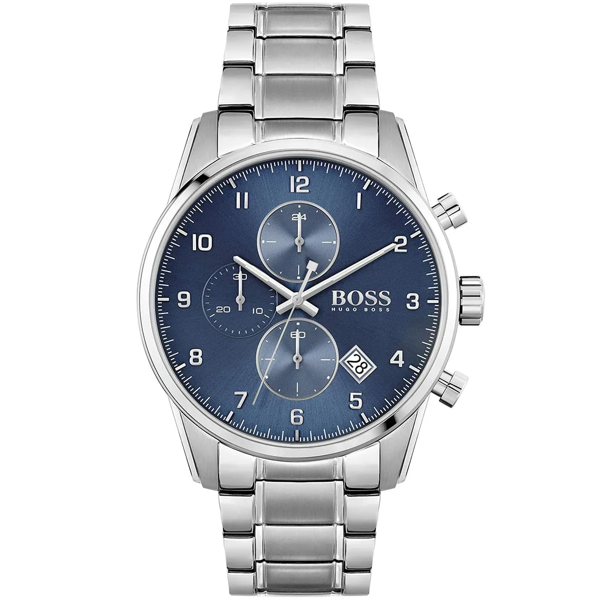 1513784 hugo boss watch men blue dial metal stainless silver strap quartz battery analog chronograph skymaster