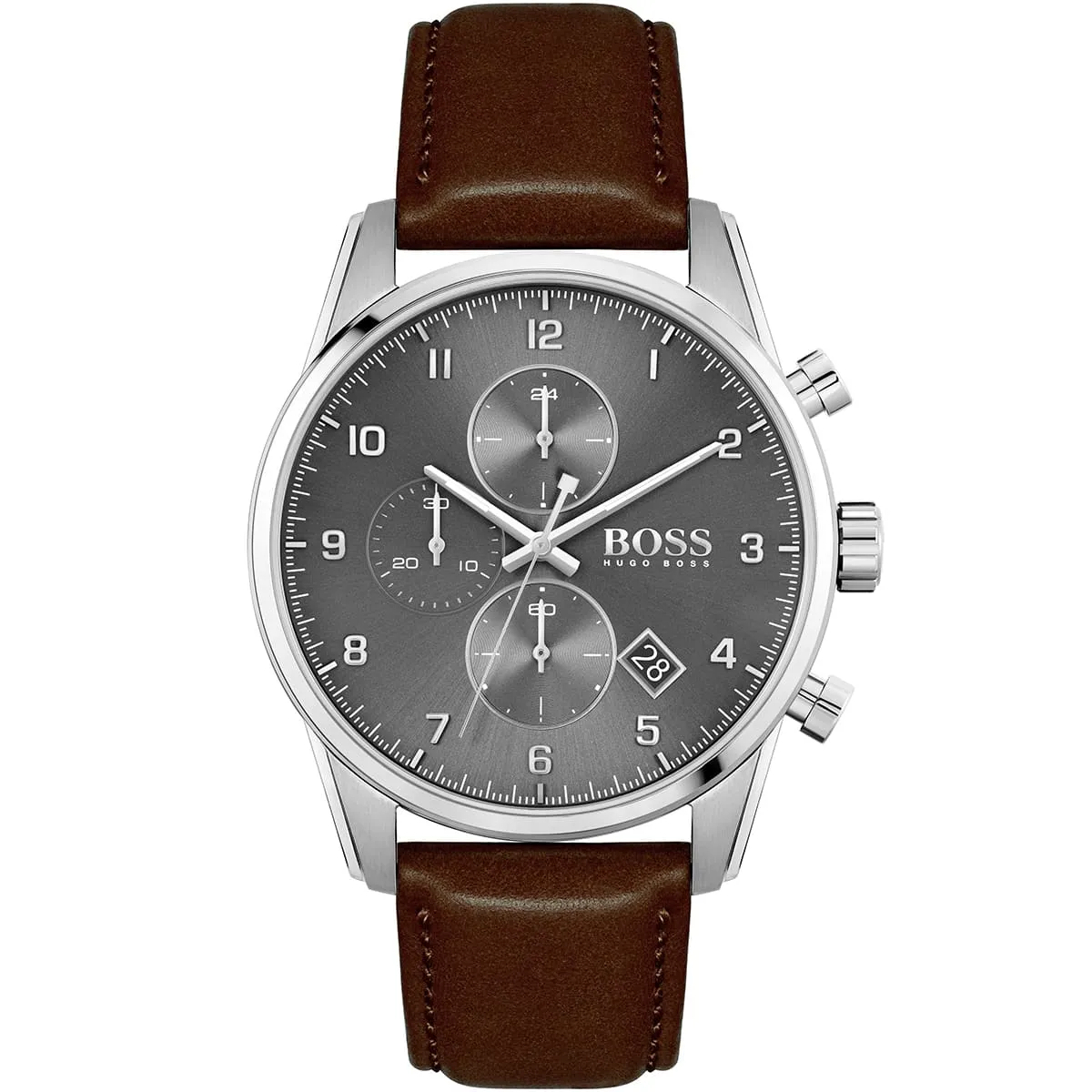 1513787 hugo boss watch men gray dial leather brown strap quartz battery analog chronograph skymaster