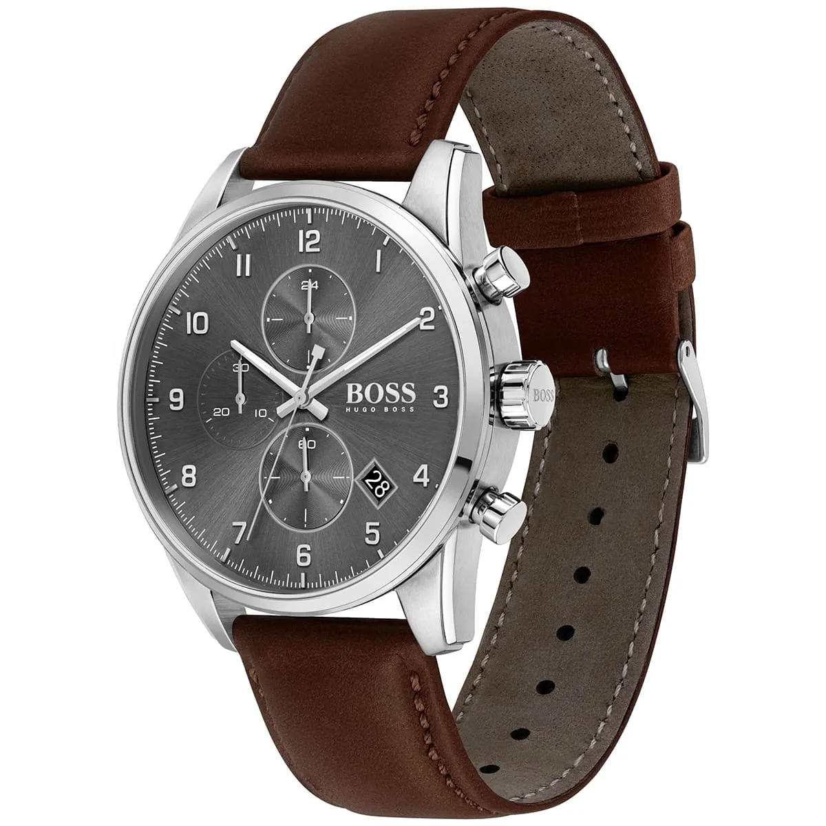 1513787 hugo boss watch men gray dial leather brown strap quartz battery analog chronograph skymaster 2
