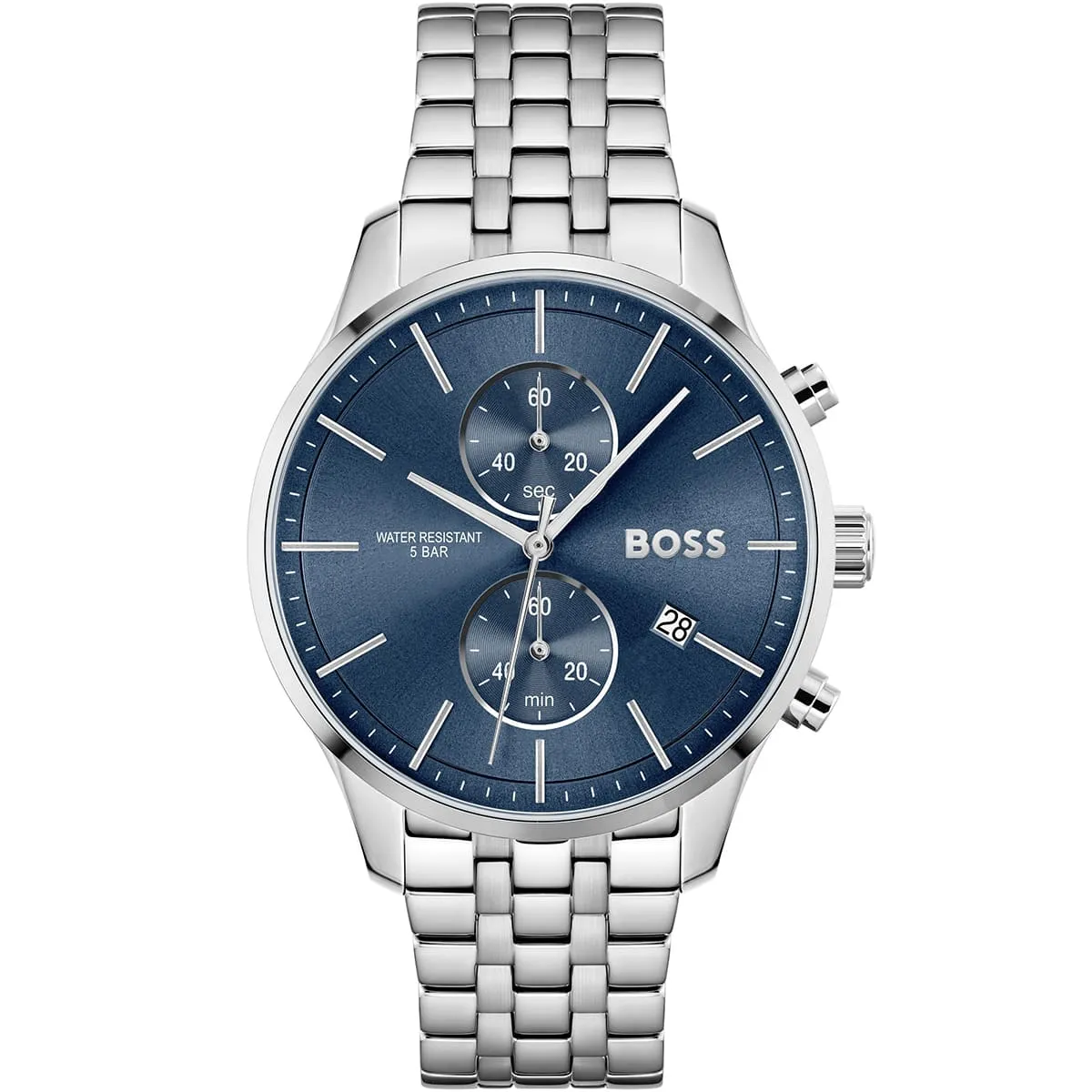1513839 hugo boss watch water resistant 5bar men blue dial metal stainless silver strap quartz battery analog chronograph associate