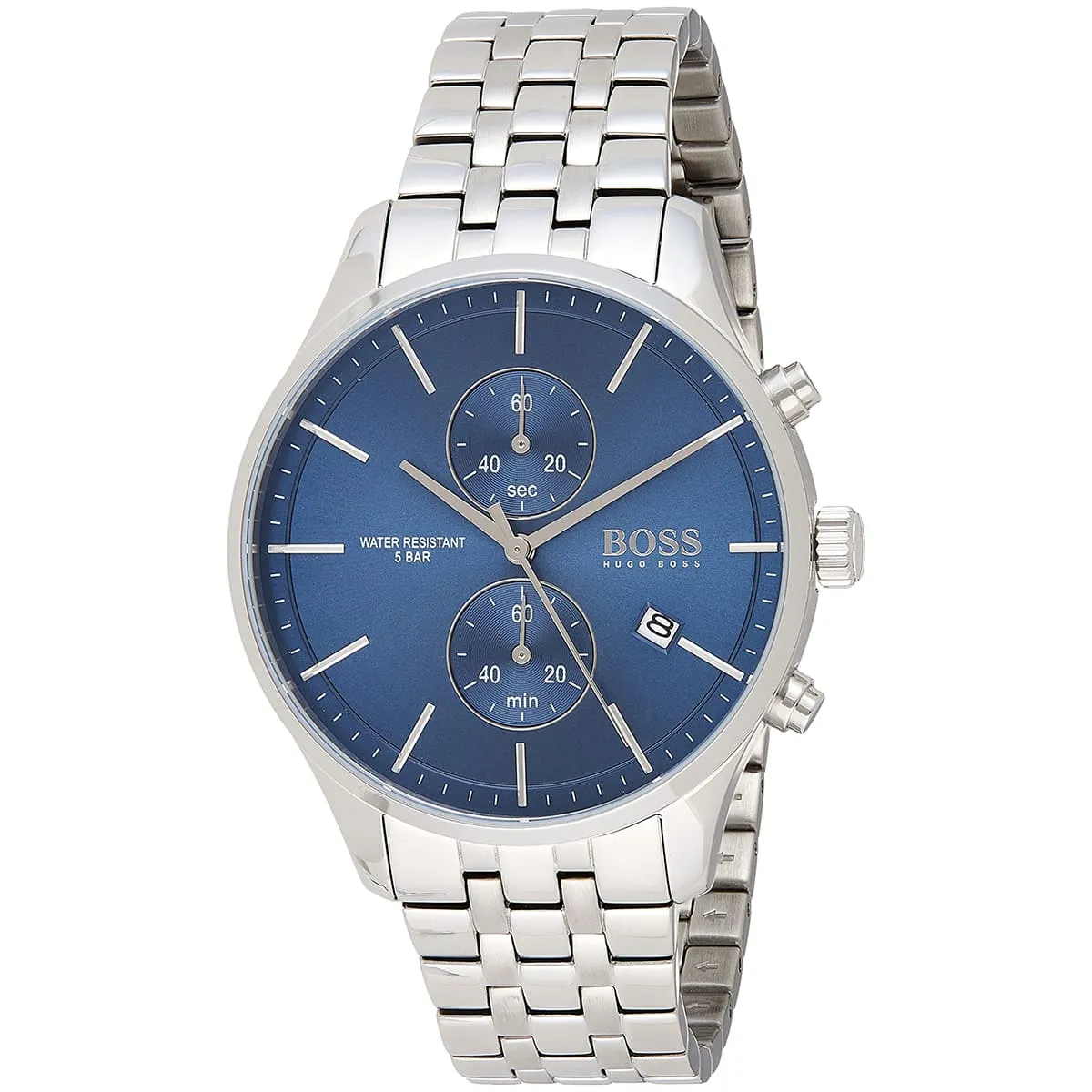 1513839 hugo boss watch water resistant 5bar men blue dial metal stainless silver strap quartz battery analog chronograph associate 2