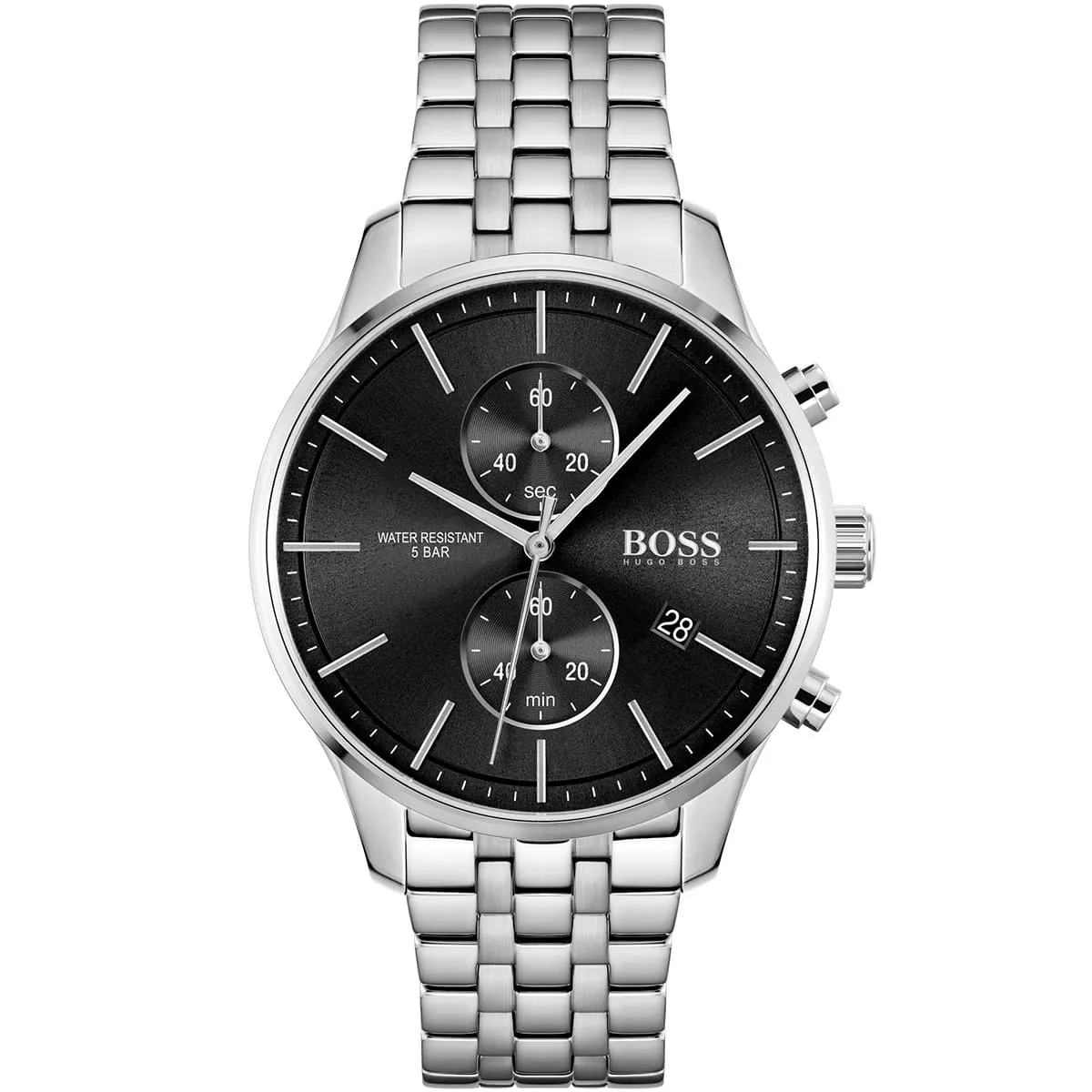 1513869 hugo boss watch water resistant 5bar men black dial metal stainless silver strap quartz battery analog chronograph associate