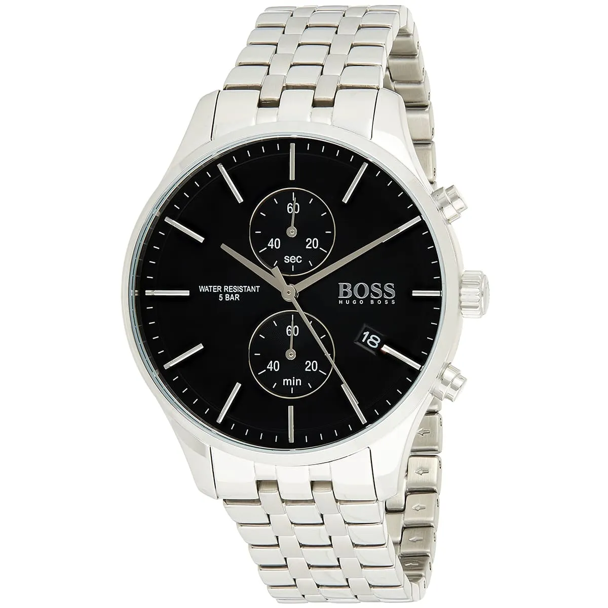 1513869 hugo boss watch water resistant 5bar men black dial metal stainless silver strap quartz battery analog chronograph associate 2