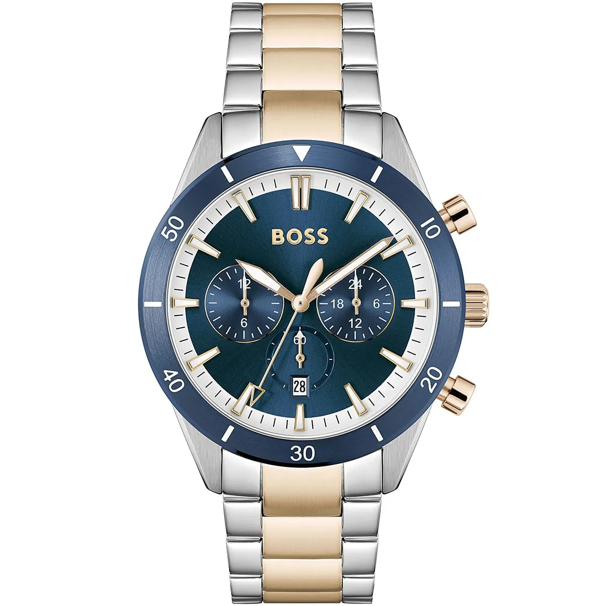 1513937 hugo boss watch men blue dial metal stainless silver rose gold strap quartz battery analog chronograph santiago 1