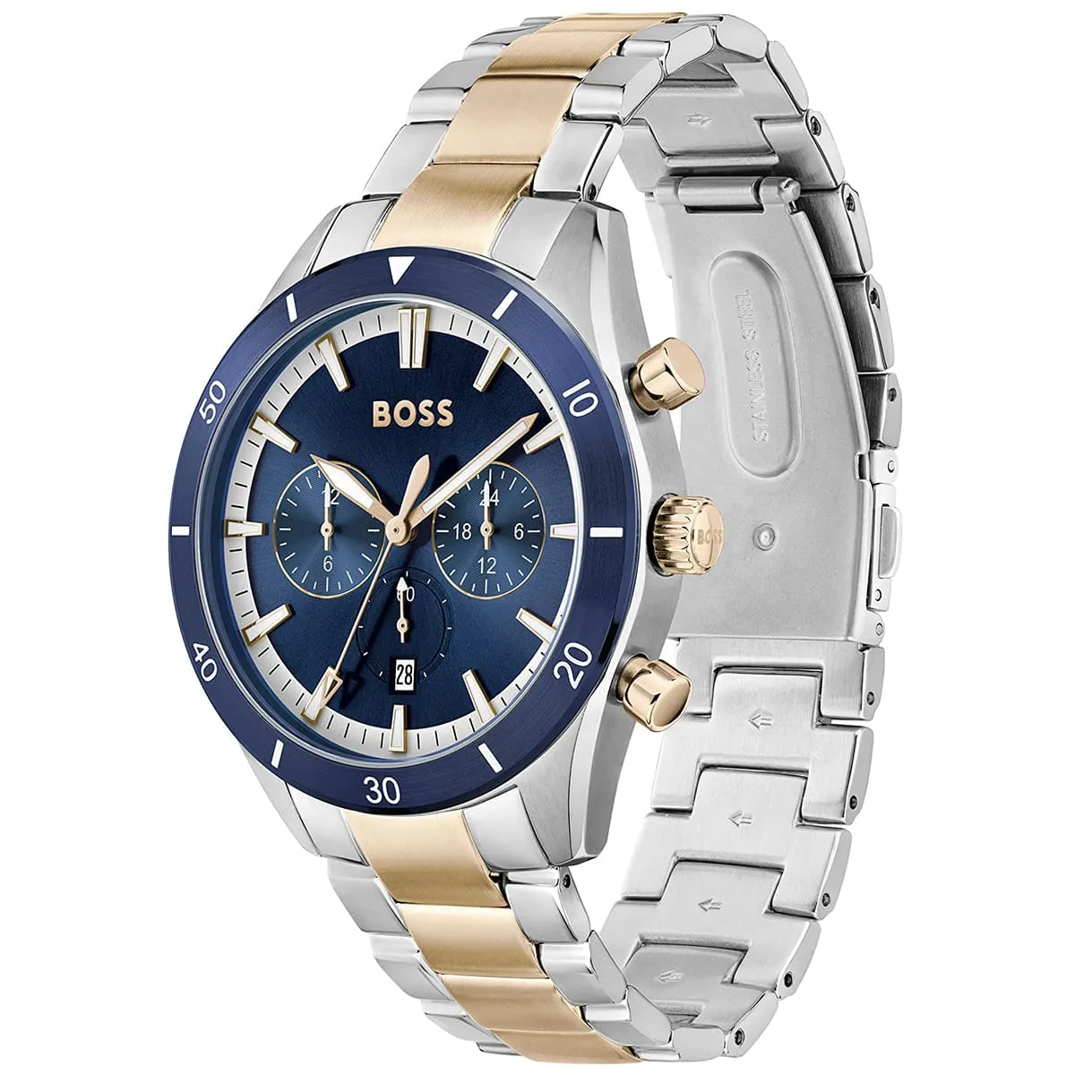 1513937 hugo boss watch men blue dial metal stainless silver rose gold strap quartz battery analog chronograph santiago 2
