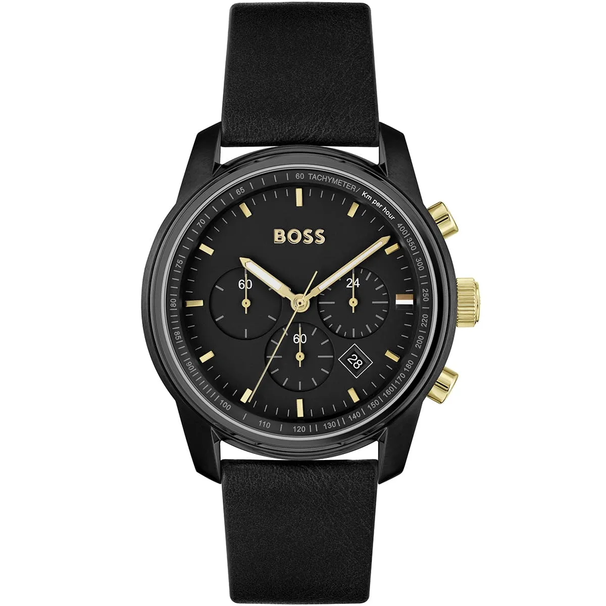1514003 hugo boss watch men black dial leather strap quartz battery analog chronograph trace
