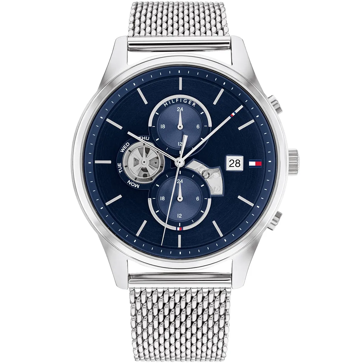 1710504 tommy hilfiger watch men blue dial mesh metal stainless steel silver strap quartz battery analog weston 1