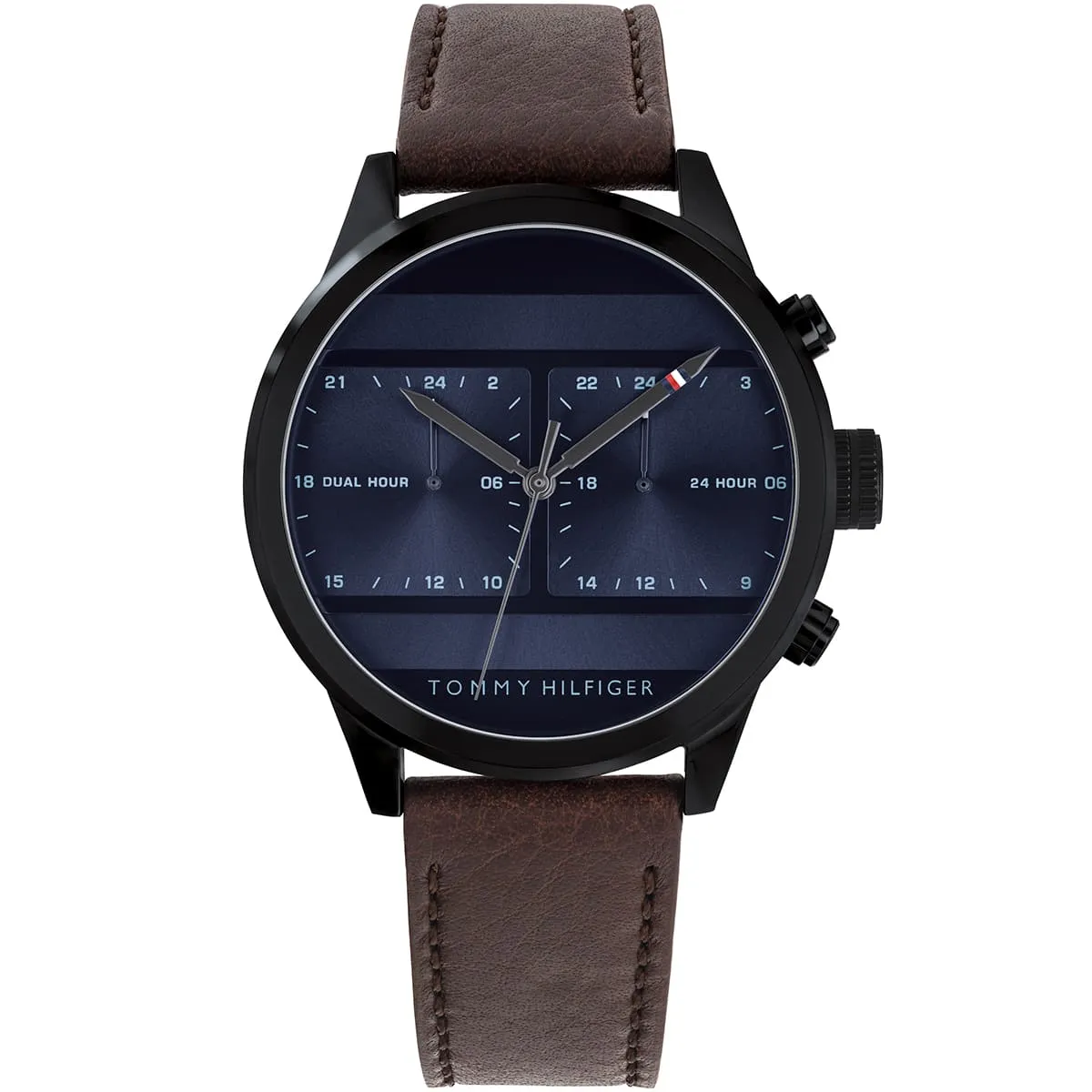 1791593 tommy hilfiger watch men dual time blue dial leather brown strap quartz battery analog icon 1 1
