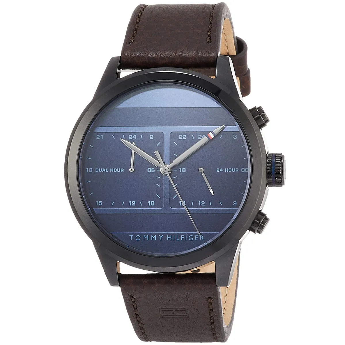 1791593 tommy hilfiger watch men dual time blue dial leather brown strap quartz battery analog icon 2 1