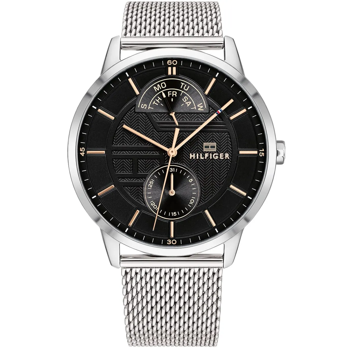 1791610 tommy hilfiger watch men black dial mesh metal stainless steel silver strap quartz battery analog three hand hunter 1